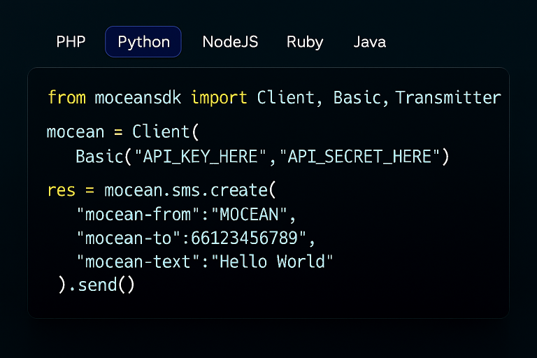 Python script showcasing how to use Mocean’s SMS API for instant SMS delivery in Thailand