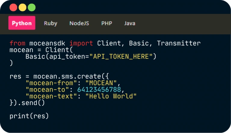 Python script showcasing how to use Mocean’s SMS API for instant SMS delivery in Thailand
